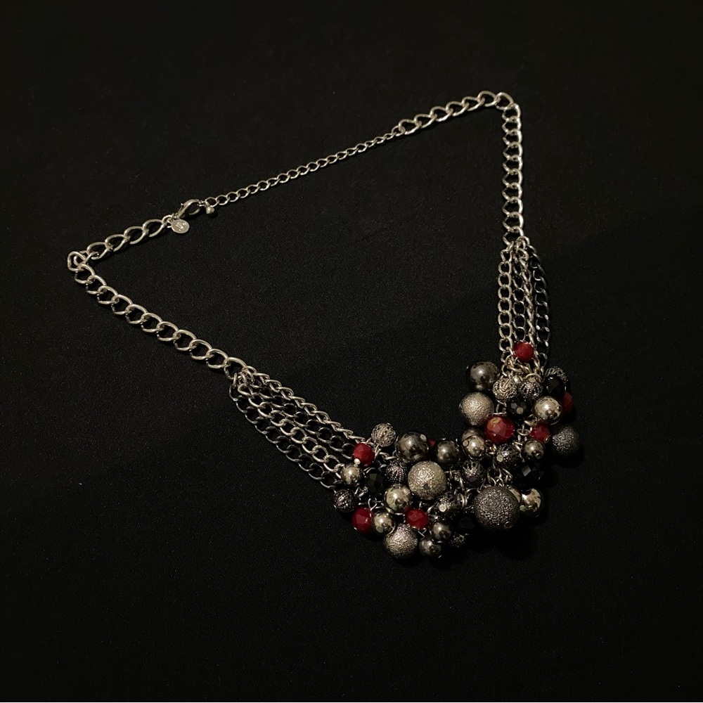 Silver Statement Necklace with Red Accents